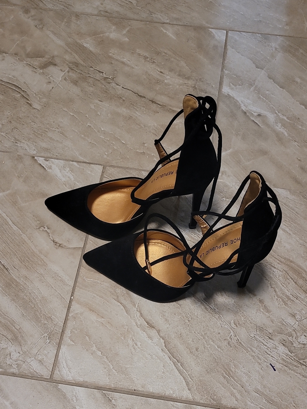 Shoe Republic LA Black Lace-Up Pointed Toe Heels